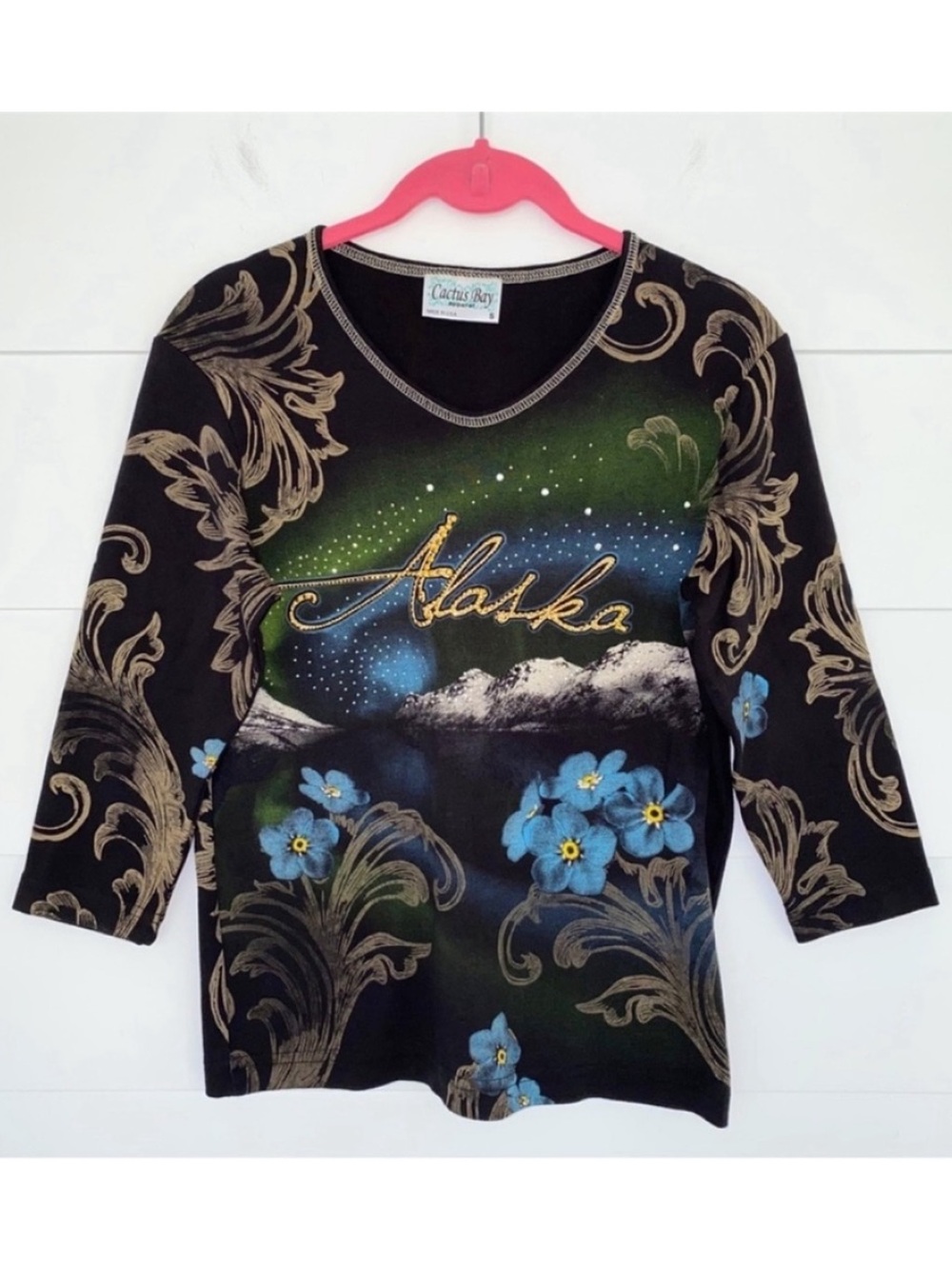 Vintage Alaska State Flower Forget-Me-Not Three Quarter Sleeve Top Black Small